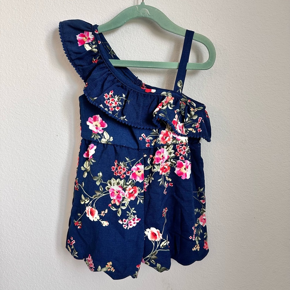 Navy Floral Ruffle One-Shoulder Kids Top